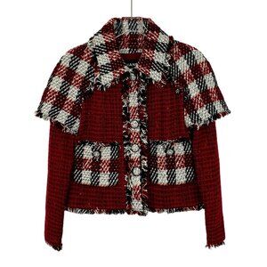 Chanel Red & Black Tweed Plaid Fringed Jacket With Decorative Buttons